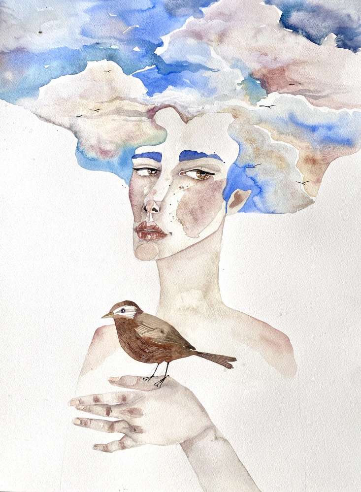 Slečna Tasia, originální obraz, akvarel, 61x48 cm