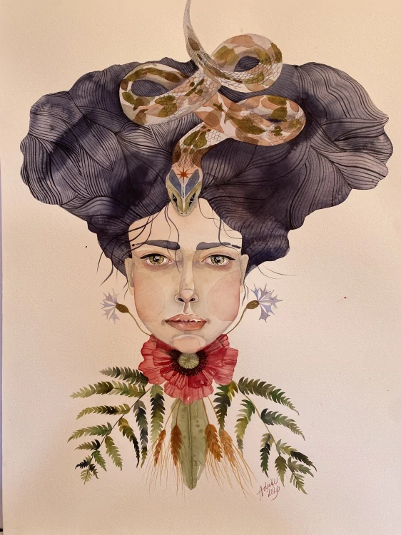 Slečna S`anthea, originální obraz, akvarel, 61x48 cm