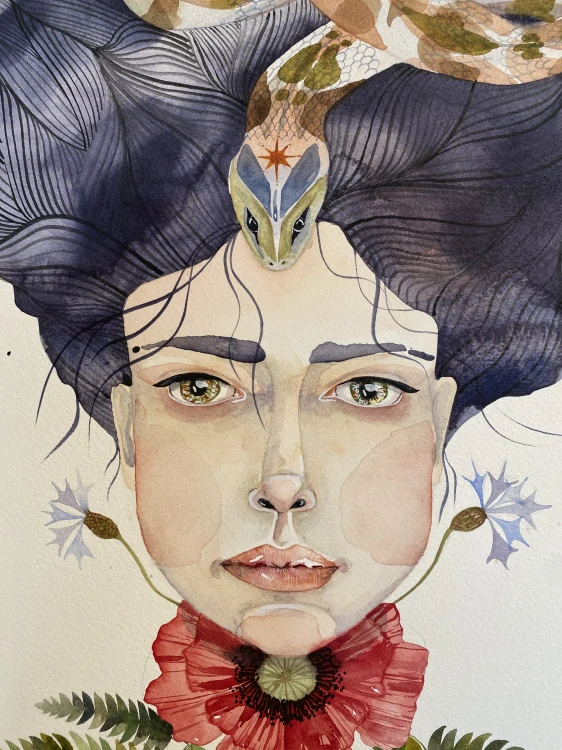 Slečna S`anthea, originální obraz, akvarel, 61x48 cm